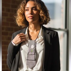 “Dainty Dapper”Black and White Checkered Tie necklace with tulip brooch